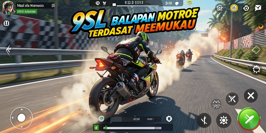 Screenshot gameplay 9SL di lintasan balapan motor.