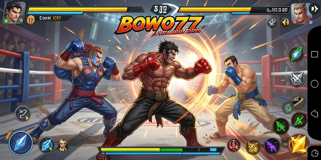 Screenshot gameplay BOWO77 dengan aksi bertarung yang intens.