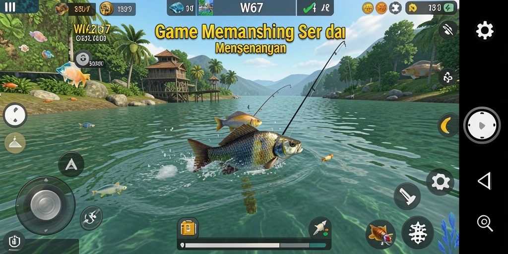 Screenshot W67 menampilkan aksi memancing yang mendebarkan dan penuh warna.
